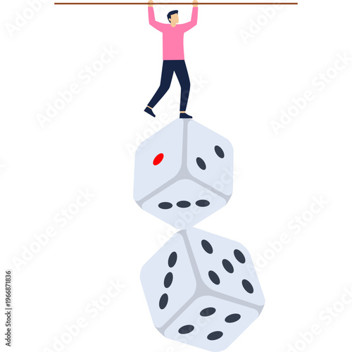 A bold illustration of a man balancing on rolling dice, representing the high risks and unpredictable nature of gambling.

