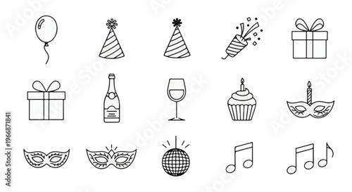 Collection of black and white line art icons for parties and celebrations
