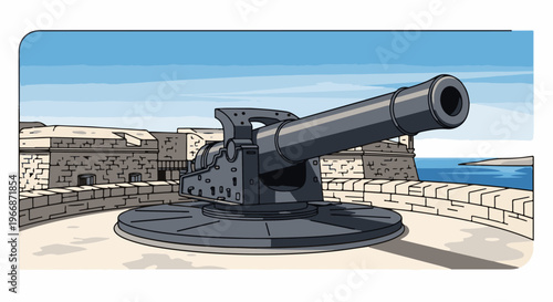 An old fort with a cannon on a battlement overlooking the sea