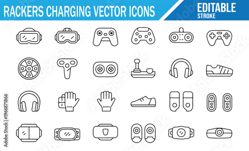 Modern charging and electronics line icon set with gadgets and audio devices vector illustration