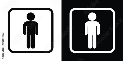 Simple male figure icon enclosed in a rounded square frame. Clean black and white vector design ideal for restroom signage, dressing room labels, or gender-specific navigation.