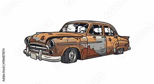 An old, rusty, abandoned car with broken windows, sitting on deflated tires