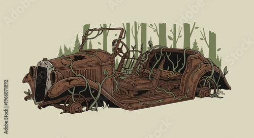 An old, rusty car is overgrown with vines in a forest setting