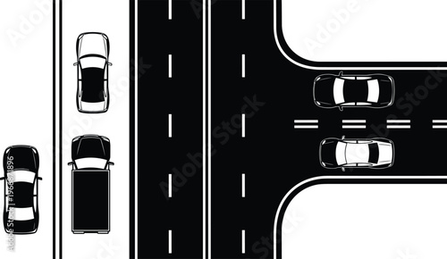 Stylized black‑and‑white illustration of roadway intersection with cars, lanes, and traffic flow, ideal for transport, driving rules, or urban planning themes.
