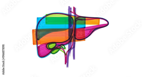 Stylized illustration of human liver with colorful blocks on transparent png background.