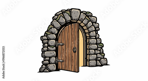 Ancient stone archway with a partially open wooden door, light spills out