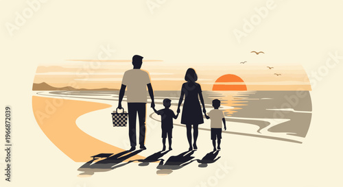 Family picnic at sunset on the beach