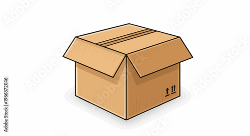 An open, brown cardboard box with top flaps extended and shipping symbols