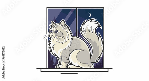 Fluffy cat gazes thoughtfully out a window at a starry night