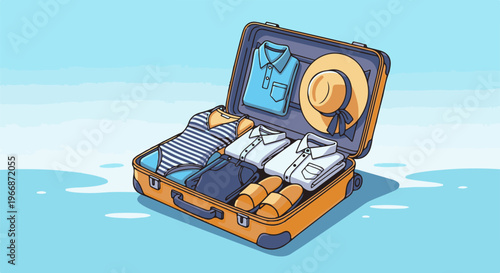 An open, orange suitcase packed with summer clothes and a hat
