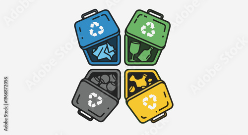 Four colorful recycling bins sorting different waste types