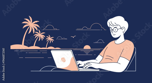 A young person with glasses productively works on a laptop at a beautiful tropical beach, enjoying the freedom of remote work and a serene sunset view.