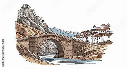 Ancient stone bridge arches over a river, leading to a village on a cliff