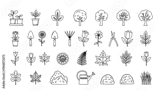 A collection of minimalist line art illustrations depicting various gardening tools and plants on a white background
