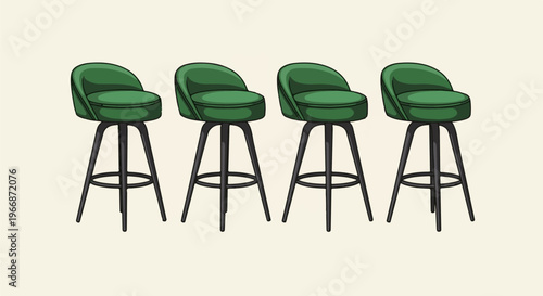 Four emerald green upholstered swivel bar stools arranged in a row