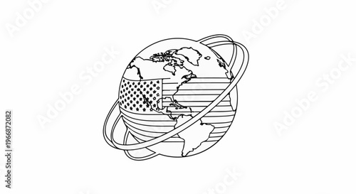Global symbol with orbiting rings and the American flag