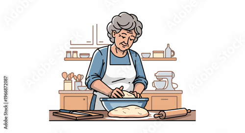 Grandmother kneads dough in a bright kitchen with shelves of supplies