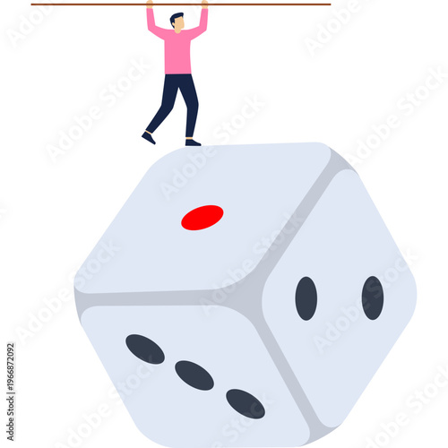 A minimalist illustration of a businessman balancing on a rolling dice, symbolizing risk, uncertainty, and decision-making in business.

