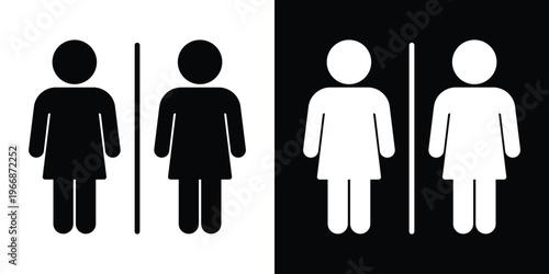 Restroom or bathroom icon set featuring male and female silhouettes separated by a vertical line. Clean, flat vector design in black and white for signage, public facilities, and gender guidance.