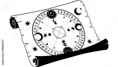 A magical astrology scroll with mystical symbols and starry night sky illustration