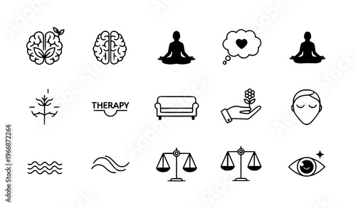 A collection of minimalist black and white vector icons representing mental health and wellness concepts including therapy and meditation