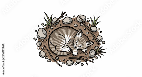 Adorable tabby kitten curled up asleep amidst pebbles and grass