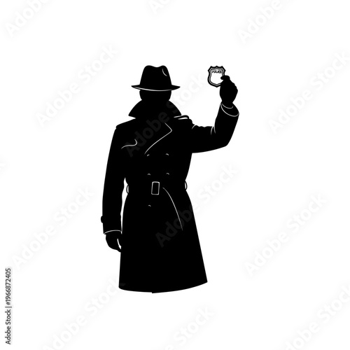 Silhouette of a Detective Holding Up a Badge in Noir Style.