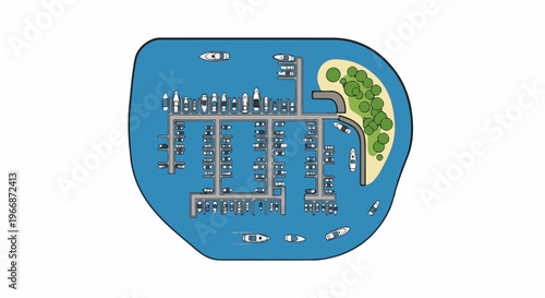 Aerial view of a busy harbor with boats docked and an island with trees