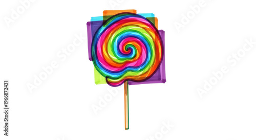 Colorful spiral lollipop candy on png background with square rainbow overlays and wooden stick.