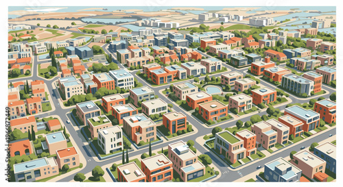 Aerial view of a modern residential neighborhood with houses and green spaces