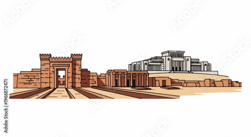 Ancient stone structures, a grand entrance, and temples on a sandy hill