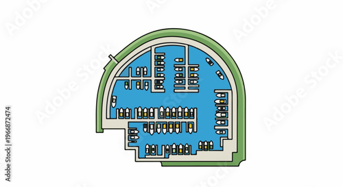 Aerial view of a stylized marina with many boats docked in a semi-circular harbor