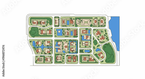 Aerial view of a planned residential community with houses, pools, and water features