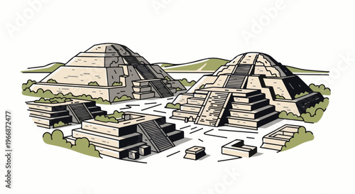 Ancient tiered stone pyramids with staircases and surrounding green foliage