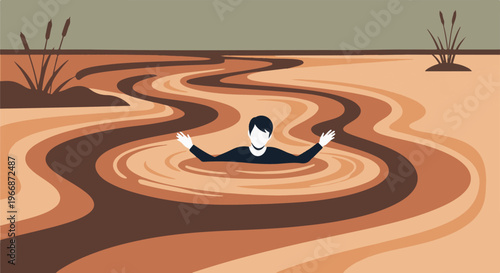 Person struggling in swirling brown liquid, surrounded by reeds