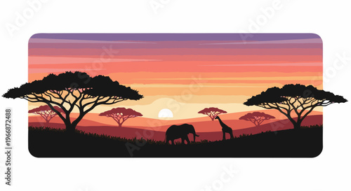African savanna at sunset with acacia trees, elephant, and giraffe