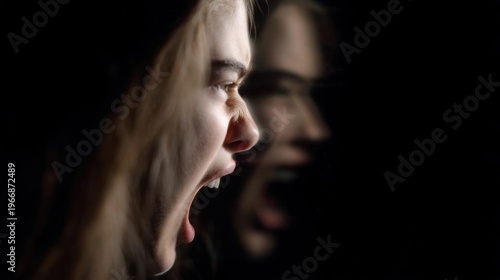 Close-up of a young woman's face, with her mouth open wide and her eyes closed. she appears to be screaming or shouting, with tears streaming down her cheeks.