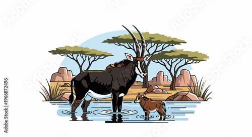 African savanna scene with sable antelopes and acacia trees by water
