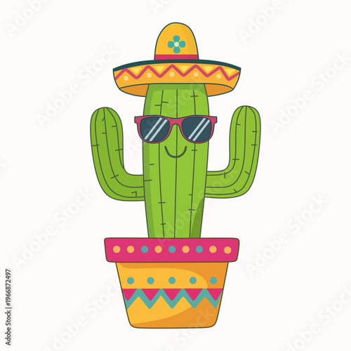 Cool Mexican Cactus Character Wearing Sombrero and Sunglasses in Decorative Pot