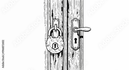 Aged wooden door with a heavy padlock and ornate handle