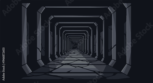 Pixelated, dark, stone corridor receding into a distant, shadowy void