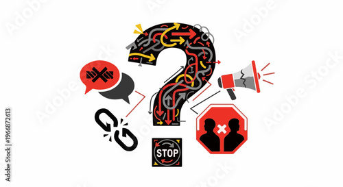 Question mark filled with chaotic arrows, stop signs, broken link and megaphone