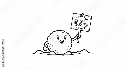 Angry fuzzball character with protest sign in rough terrain