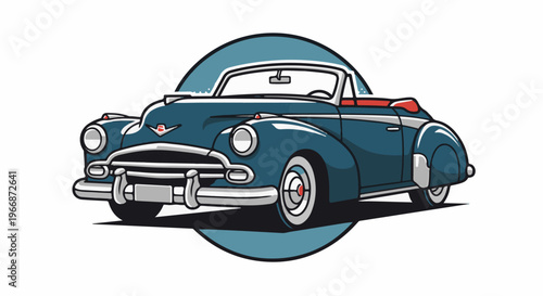 Retro blue convertible car with chrome accents on white background