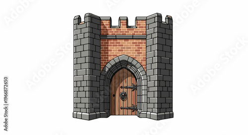 Ancient stone gatehouse with wooden doors and crenellated battlements