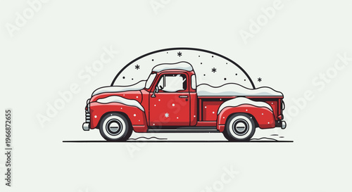 Retro red pickup truck covered in snow with snowflakes falling