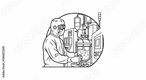 Scientist in protective gear works with bioreactor equipment in a laboratory