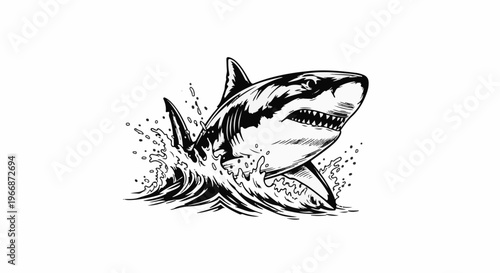 Aggressive shark breaching water with sharp teeth bared