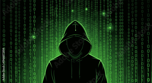 Anonymous figure cloaked in shadow, surrounded by cascading green binary code