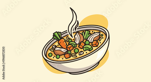 Steaming bowl of hearty soup with chicken, carrots, peas, and potatoes